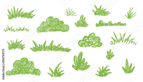 Green lawn grass with crayon, pastel or chalk texture childlike drawing. Bushes and shrubbery pencil sketched scribble foliage elements