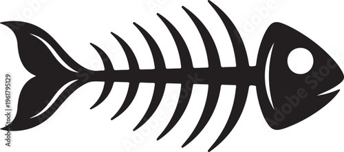 Minimalist fish bone skeleton vector icon, black fishbone silhouette isolated on white, nautical waste and seafood remains graphic element