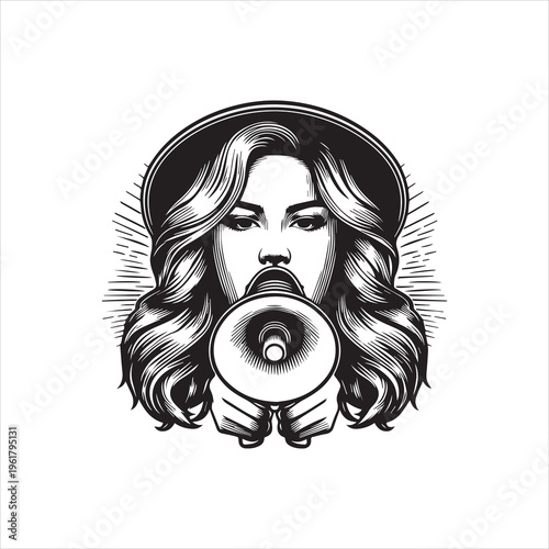 Black and white vector illustration of a woman wearing a hat holding a megaphone in front of her face against a clean white background with a bold graphic design.