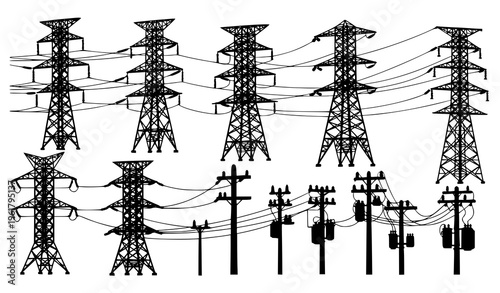 Silhouette vector set of electricity pylons and utility poles black isolated