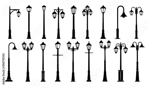 Street lamp and lamppost silhouettes vector set black isolated designs