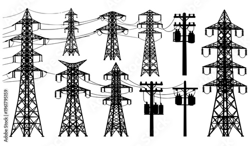 Black silhouette electricity pylons and utility poles vector illustration set