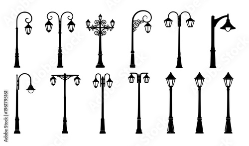 Street lamp and lamppost vector silhouettes black isolated front view