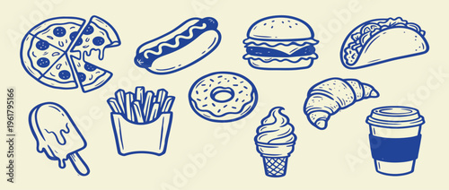 Fast food doodle line art vector illustration