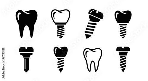 Collection of dental implant and tooth icons in black and white silhouette style