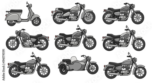 Collection of vintage and modern motorcycles and scooters in a clean illustration style