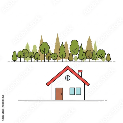 A cartoon house with red roof.