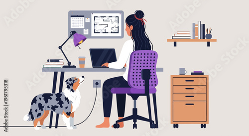 A woman works on her laptop at a desk with a dog by her side in an office.