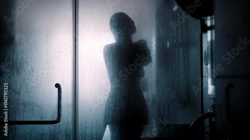 Person takes a shower in a bathroom with steam covering the glass door while water flows from the showerhead