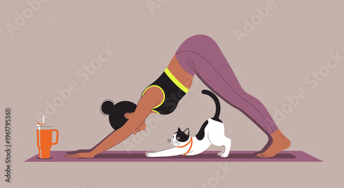 Woman does downward dog yoga pose with cat on purple mat indoors
