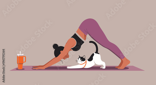 Woman practices downward-facing dog yoga pose with cat on purple mat indoors