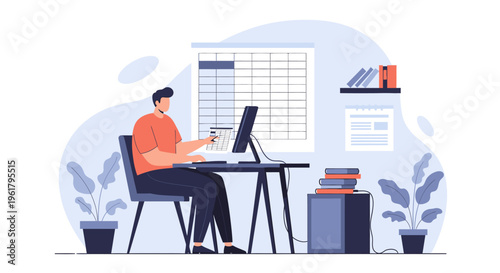 Diligent young man working efficiently on his laptop at a tidy office desk with plants and a calendar on the wall, exuding productivity.