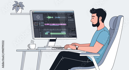 Young man focusing on coding and programming work on a desktop computer in a bright studio background, looking productive.