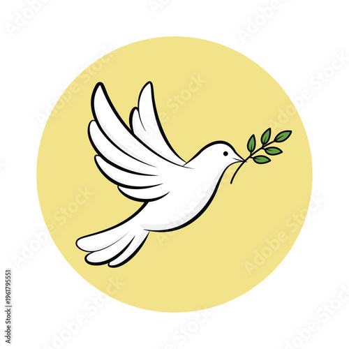Vector illustration of a dove of peace with open wings and peace symbol flying gently, representing love, freedom, and harmony