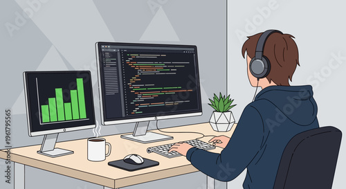 Young man wearing headphones, intensely focused on coding and programming on dual computer screens in a developer's bright studio workspace.