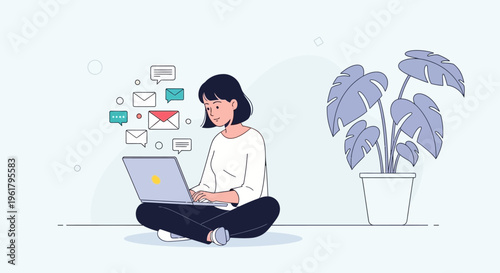 Young woman sitting comfortably on the floor using a laptop to send emails and messages, in a minimalist bright studio.