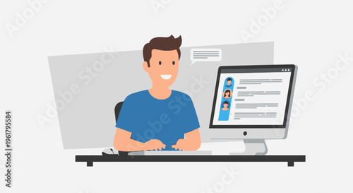 Happy young man smiling and working on a computer, engaged in a video call or online communication, in a bright studio.