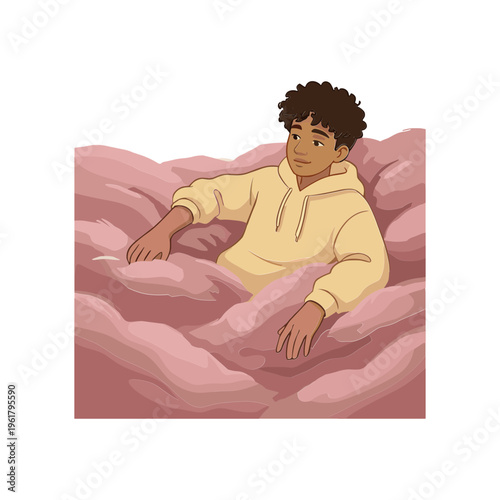 A young man wearing a yellow hoodie lies on pink clouds