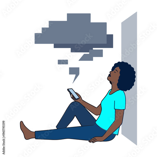 A woman sits against a wall, lost in thought while browsing her phone.