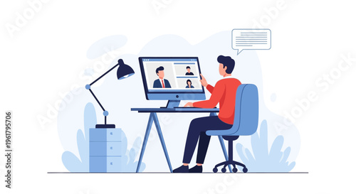 Engaged man participating in a video conference call on computer at his home office desk, in bright studio.