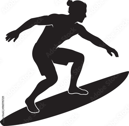 Surfer silhouette vector illustration, athletic man surfing on a surfboard, black and white extreme water sports graphic, minimalist surfing icon
