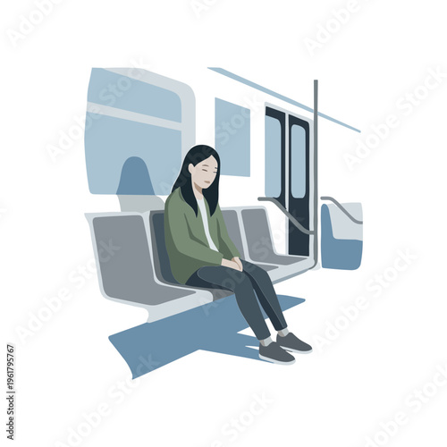 A woman sits alone on a train with her eyes closed.