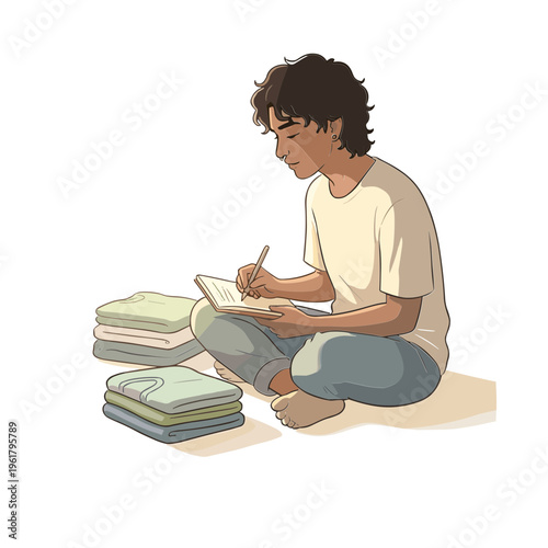 A young man sits on floor writing in notebook beside stacked books