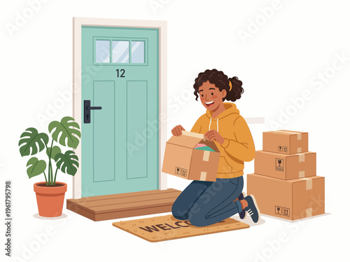 Young woman unboxing a package delivered to her doorstep, surrounded by moving boxes