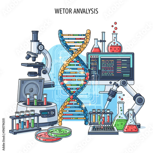 A detailed illustration of a modern biotechnology laboratory with advanced scientific equipment and a DNA helix.