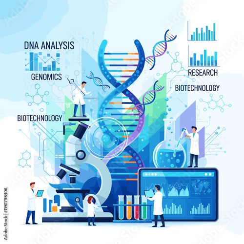 Vibrant illustration depicting scientific research, DNA analysis, genomics, and biotechnology with scientists working in a modern laboratory setting.