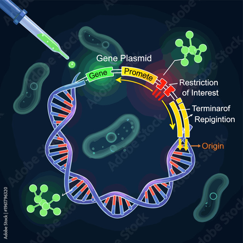 Diagram illustrating the process of gene cloning using a plasmid vector, showing the insertion of a gene of interest into a circular DNA molecule with essential genetic elements.