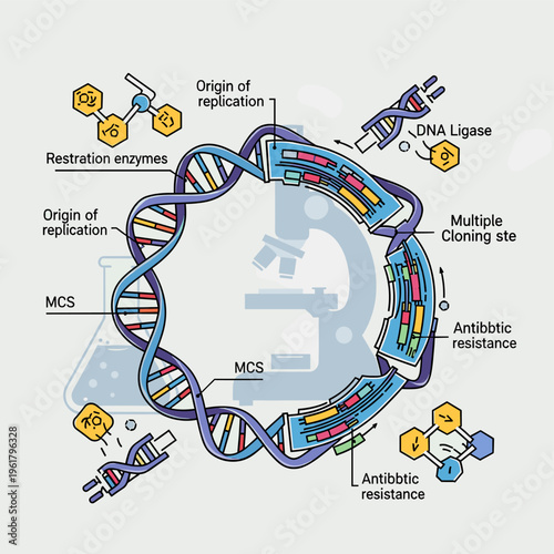 Diagram illustrating the process of gene cloning using a plasmid vector, showing restriction enzymes, DNA ligase, origin of replication, multiple cloning sites, and antibiotic resistance.
