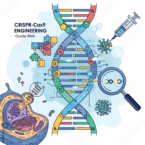 CRISPR-Cas9 Gene Editing Technology: A Visual Representation of DNA Manipulation and Cellular Engineering for Scientific Advancement.