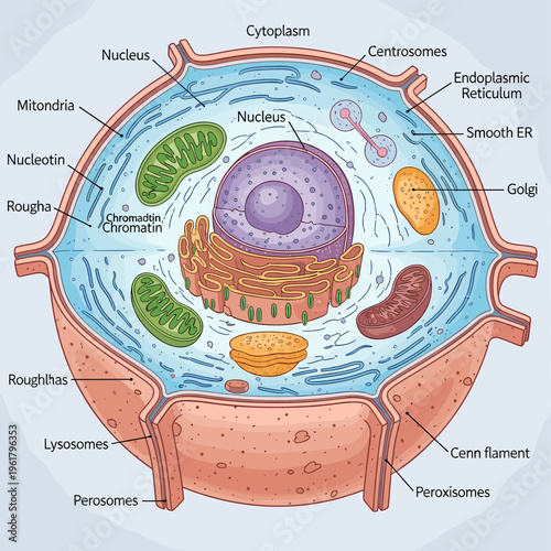 Detailed diagram of an animal cell showing various organelles and their structures.