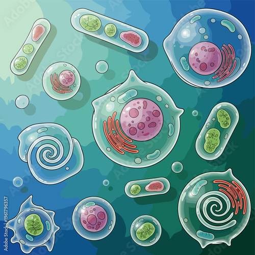 A vibrant, detailed illustration showcasing a diverse collection of microscopic organisms and cellular structures, rendered in a clear, cartoonish style against a gradient blue-green background.