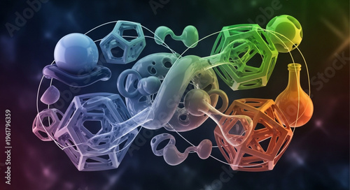 Abstract geometric shapes interconnected with fluid forms, creating a vibrant and dynamic composition.