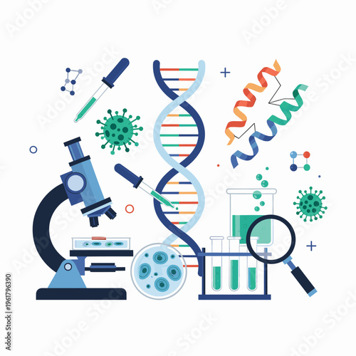 Illustration depicting various scientific research elements including DNA, a microscope, test tubes, and viral structures, representing biology and chemistry.