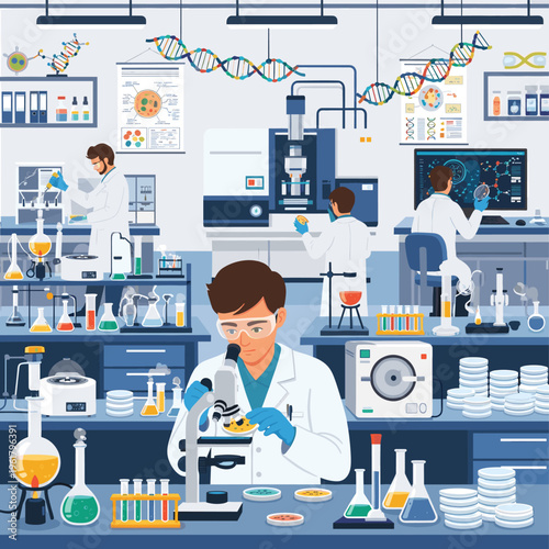 A vibrant and detailed illustration of a modern science laboratory with multiple researchers conducting experiments, featuring microscopes, DNA strands, and various chemical apparatus.