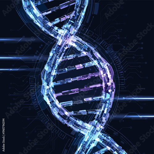 Futuristic glowing DNA double helix structure with digital circuit elements on a dark background, representing genetic engineering and biotechnology.