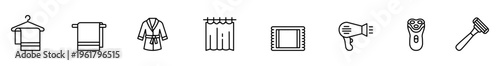 Bathroom icon set towel icon bathrobe icon shower curtain icon rug icon hair dryer icon shaver icon razor icon line art icon outline symbol clean minimalist design for bathroom interface and print