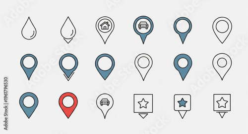 Collection of Hand-Drawn Map Marker Icons for Navigation.
