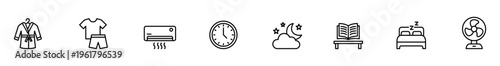 Bathrobe icon t shirt icon shorts icon air conditioner icon clock icon night icon book icon bed icon fan icon minimal line style, cozy home comfort, modern hotel amenity vibe