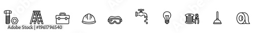 Plumbing icon ladder icon toolbox icon safety helmet icon safety goggles icon water tap icon light bulb icon dish icon plunger icon tape roll icon clean minimal line set of construction