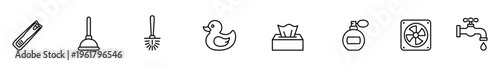 Bathroom icon set line icon hygiene toilet plunger toilet brush rubber duck tissue box perfume bottle exhaust fan water tap illustration minimalist style clean design simple outline black line