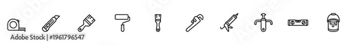 Tool icon tape measure pencil paint brush marker flashlight screwdriver liquid dropper level tool paint bucket outline in minimal line art style for construction and repair design