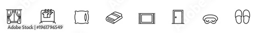 Curtain icon clothing icon pillow icon towel icon rug icon door icon hanger icon bath mat icon slipper icon home decor icon minimal black line vector white background, calm and clean design