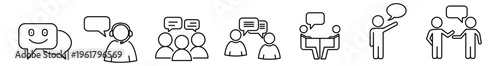 Speech bubble headset support group dialogue chat communication team meeting presentation friendly line icon set for customer service and collaboration concept