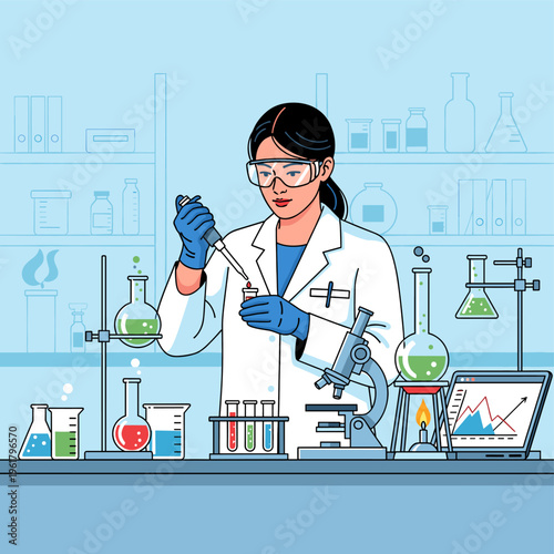 A scientist in a lab coat and goggles carefully uses a pipette to transfer liquid into a test tube, surrounded by scientific equipment.
