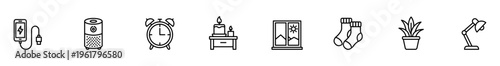 Smartphone charging icon air purifier icon alarm clock icon candle table icon window picture icon sock icon plant pot icon modern line icon set illustrates daily home object clean minimal style