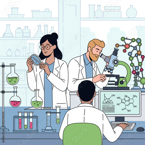 Scientists in a modern laboratory conducting experiments with microscopes, test tubes, and computer analysis.
